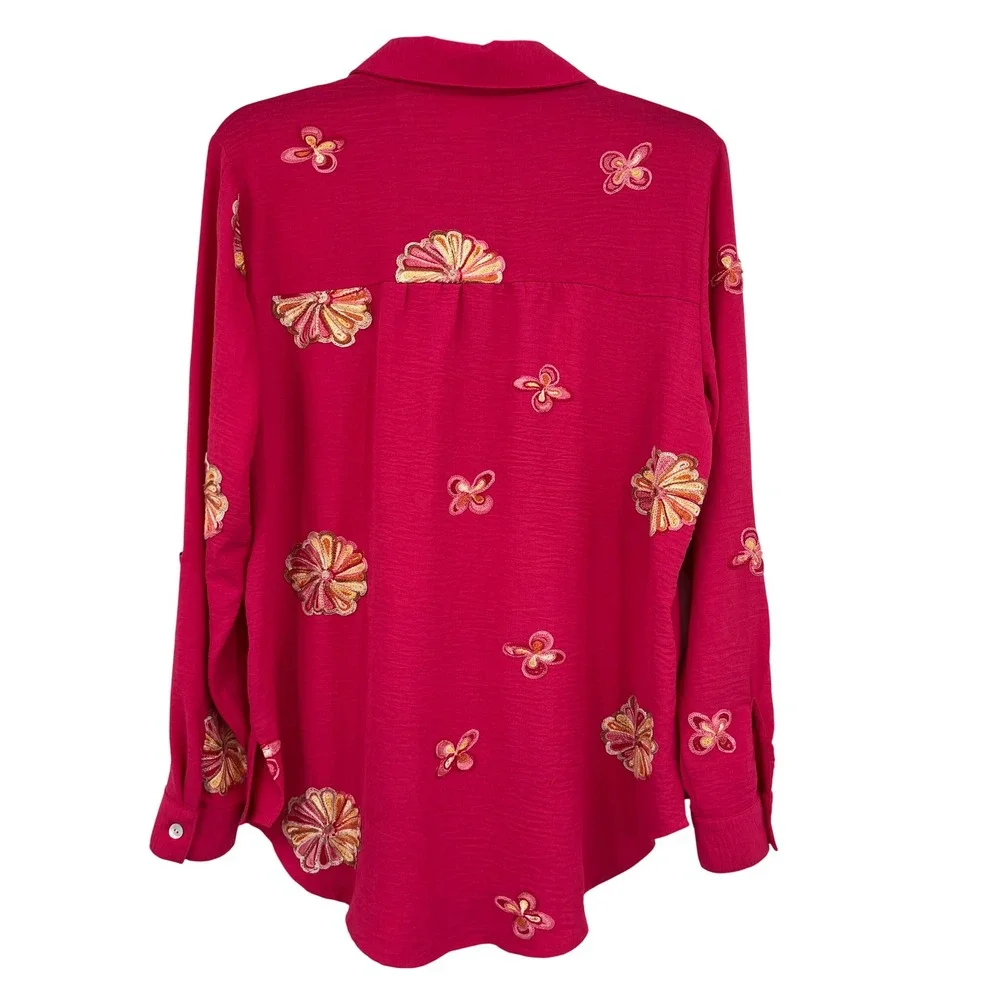 Anthropologie Fig and‎ Flower Magenta Pink Floral Butterfly Embroidered Shirt S